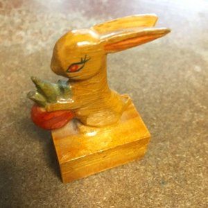 VTG Hand Carved Hand Painted Wooden Rabbit Pencil Sharpener 2.25"H